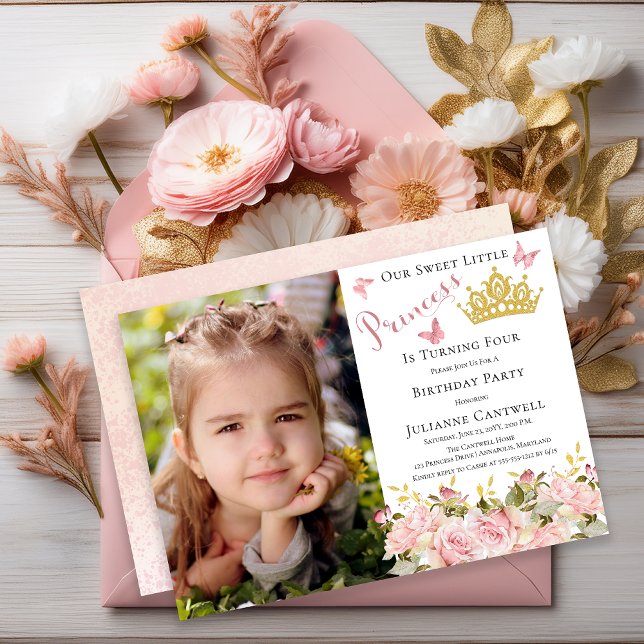Butterfliegen Floral Princess Foto 4. Geburtstag Einladung (Butterflies Floral Princess Photo 4th Birthday Invitation - Print and/or Digital Download)
