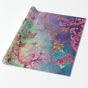 BUTTERFLIEGEN IN GOLD-GELBEN AQUA-BLAUE-GLITZERN GESCHENKPAPIER