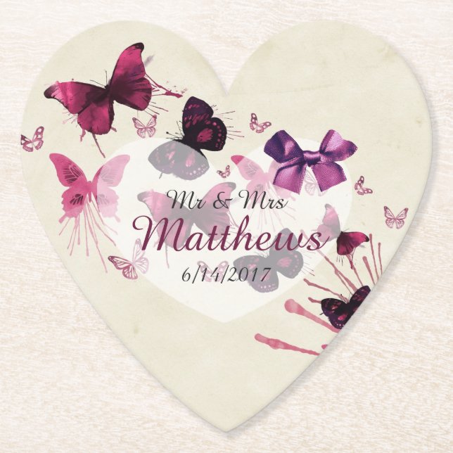 Butterfliegen Personalisierte Hochzeitsherz-Unters Untersetzer (Vorderseite)