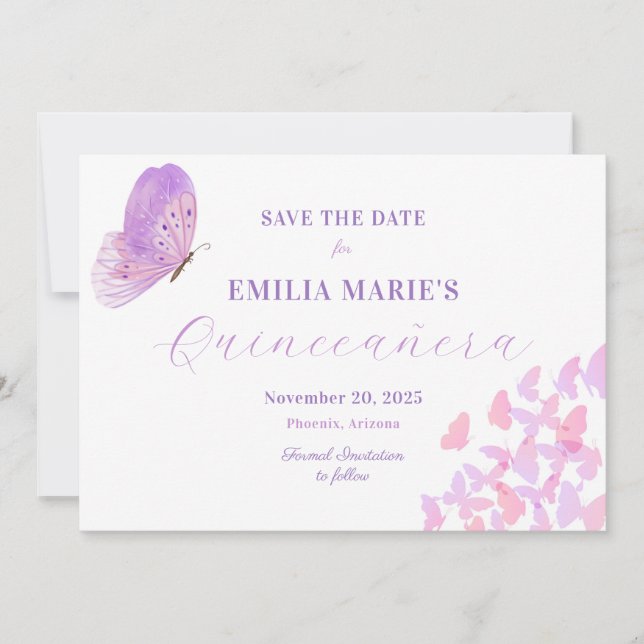Butterfliegen Quinceañera Save the Date (Vorderseite)