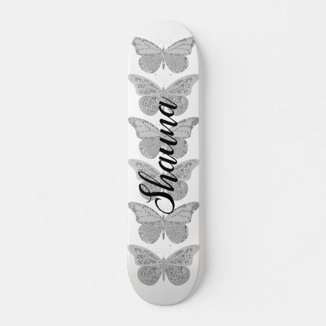 Butterfliegen Silver Gray Sparkle Personalisiert Skateboard (Vorne)