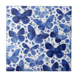 Butterfliegen Watercolor Blue Keramik Tile Fliese<br><div class="desc">Indigo blue and white watercolor butterfly painting.</div>