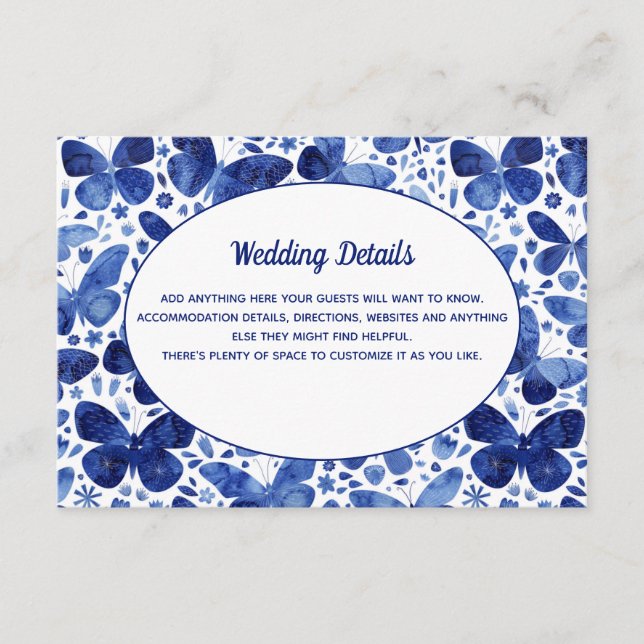 Butterfliegen Watercolor Blue Wedding Details Begleitkarte (Vorderseite)