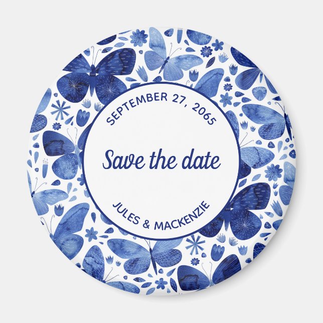 Butterfliegen Watercolor Indigo Blue Save the Date Magnet (Vorne)