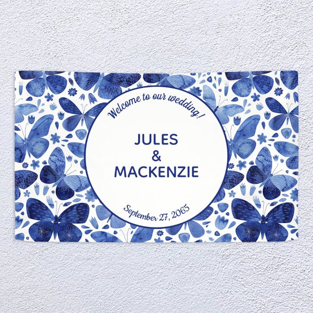 Butterfliegen Watercolor Indigo Blue Wedding Banne Banner (Indigo navy blue and white watercolor butterfly pattern wedding welcome banner)