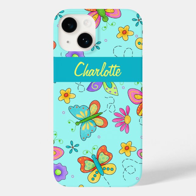 Butterfliegen Whimsy Türkis Blauer Name personalis Case-Mate iPhone 14 Hülle (Rückseite)