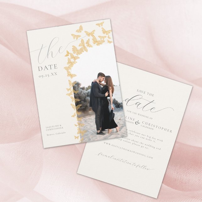 Butterflies Boho Foto Arch Wedding Save the Date (gold butterflies boho arch photo save the date elegant romantic modern whimsical classy calligraphy)