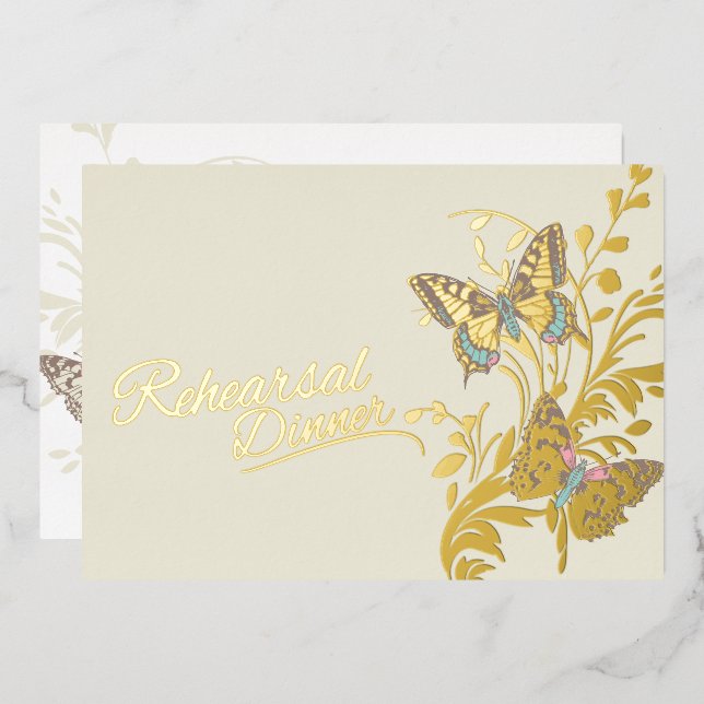 Butterflies Braun Gold Hochzeit Probe Dinner Folieneinladung (Vorderseite/Rückseite)