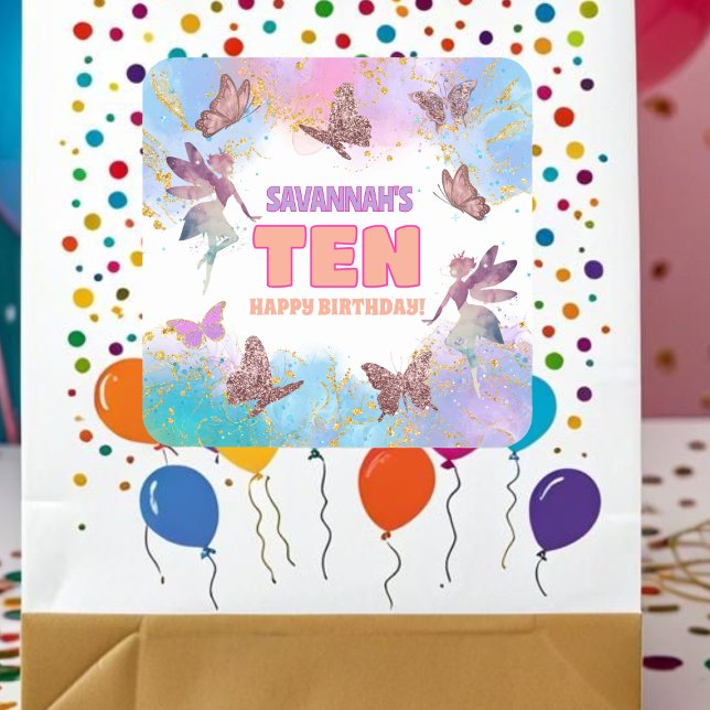 Butterflies Fairy Gold Glitter 10th Birthday Party Quadratischer Aufkleber (Von Creator hochgeladen)