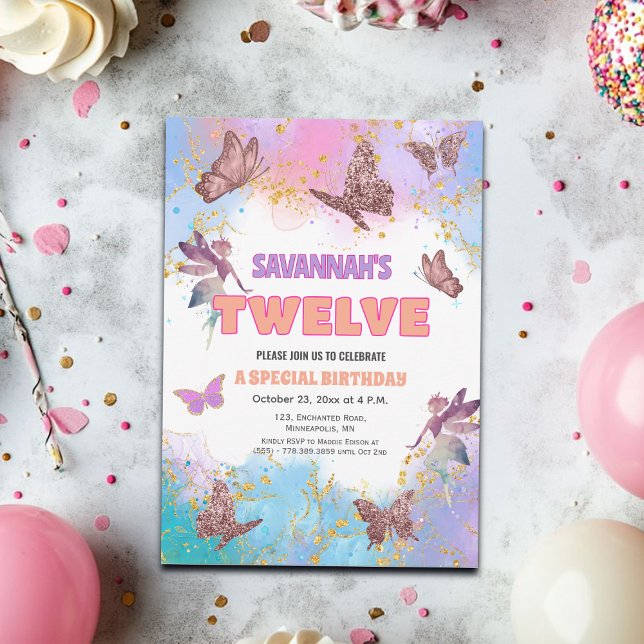 Butterflies Fairy Gold Glitter 12th Birthday Party Einladung (Von Creator hochgeladen)