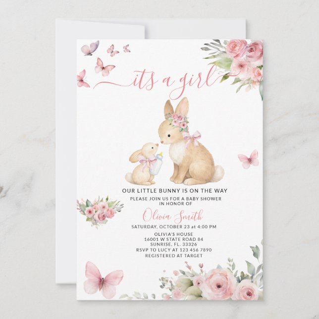 Butterflies It's a Girl Bunny Baby Shower Einladung (Vorderseite)