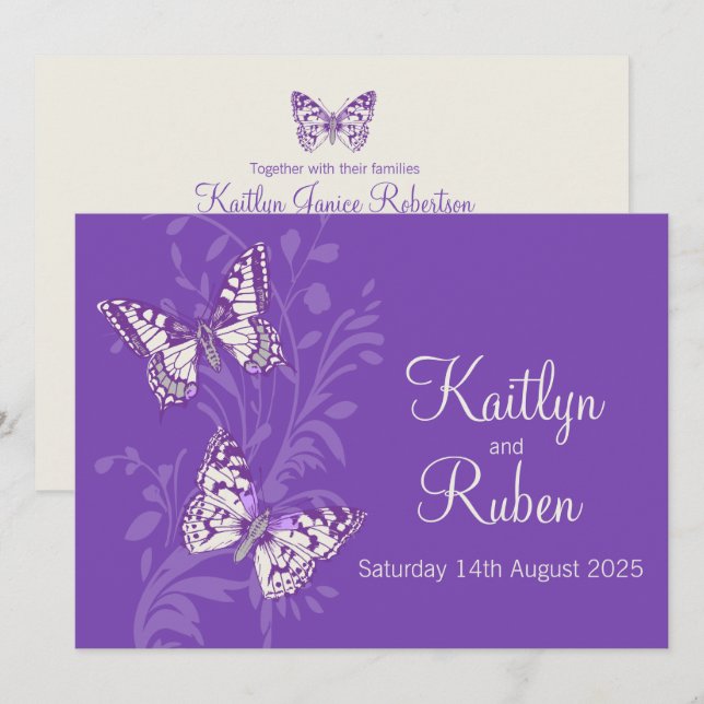 Butterflies lila Weißcreme-Hochzeit Einladung (Vorne/Hinten)
