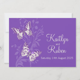 Butterflies lila Weißcreme-Hochzeit Einladung