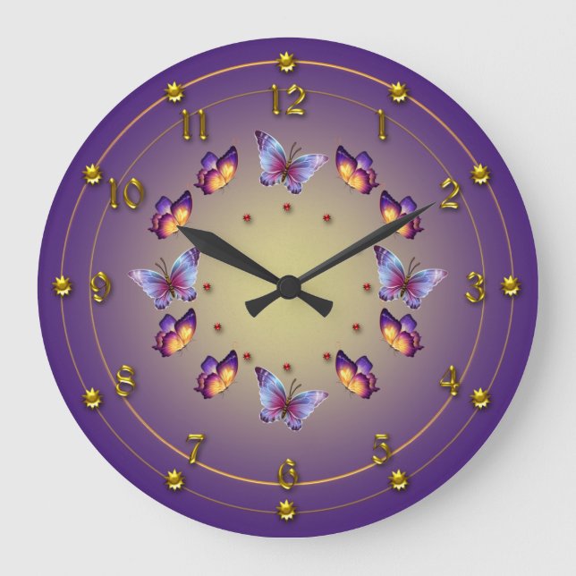 Butterflies on Graduated Purple with Yellow Große Wanduhr (Vorderseite)