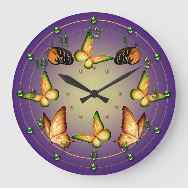 Butterflies on Purple Große Wanduhr (Vorderseite)