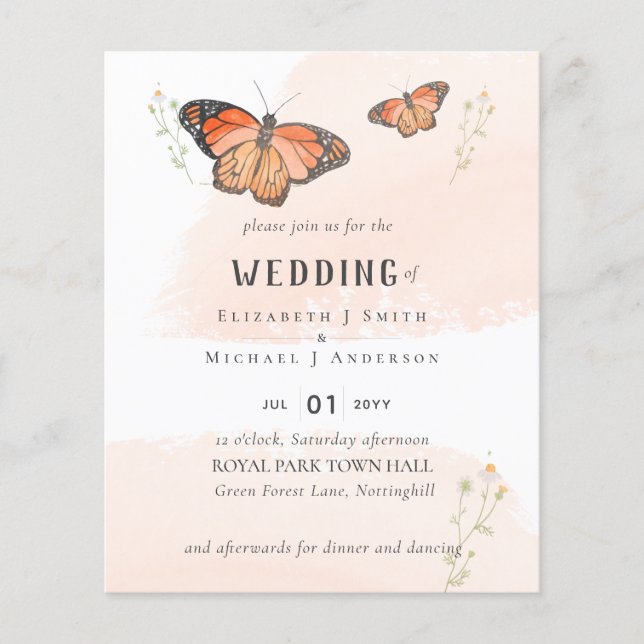 Butterflies Paradies Wasserfarbe Orange Hochzeitsr Flyer (Vorne)