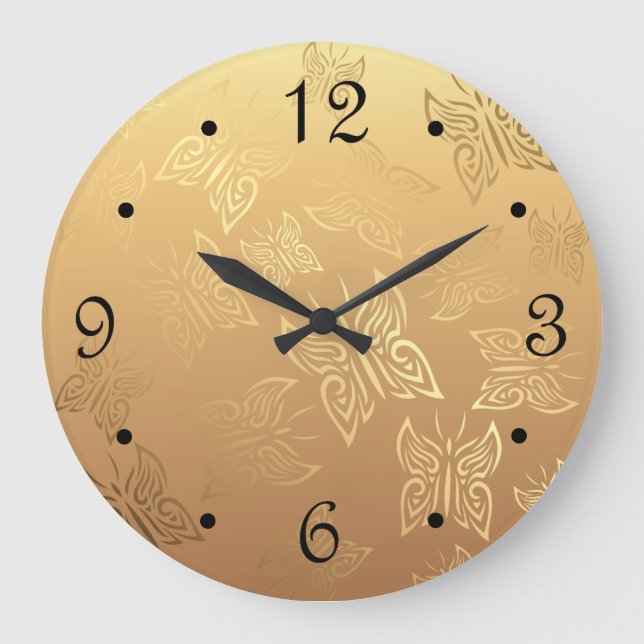 Butterflies Pattern Gold Numbers Große Wanduhr (Vorderseite)