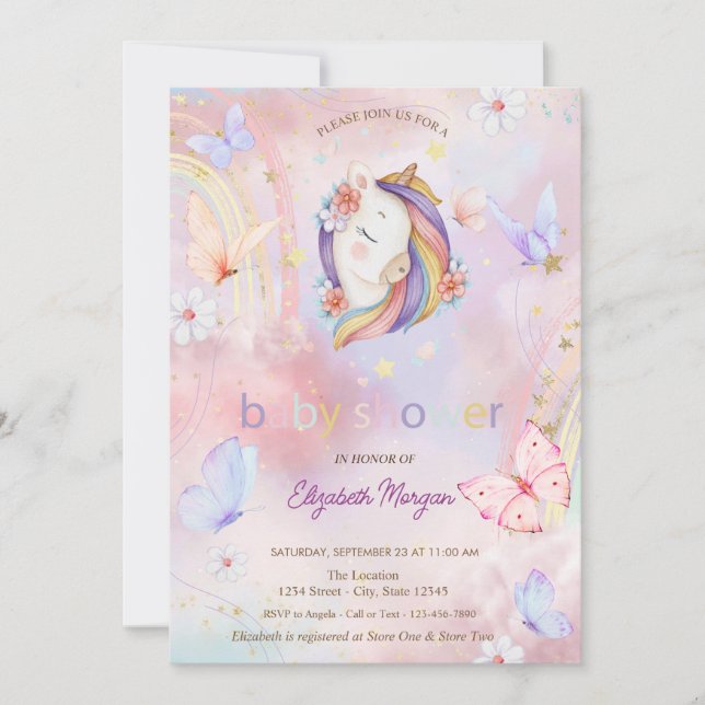 Butterflies Rainbow Floral Unicorn Kinderdusche Einladung (Vorderseite)