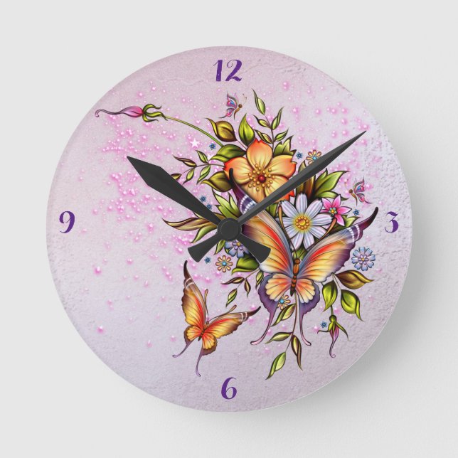*Butterflies -Round (Medium) Clock Runde Wanduhr (Vorderseite)