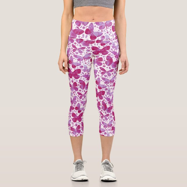 Butterflis-Muster für Aquarellfarben Pink Capri Leggings (Vorderseite)