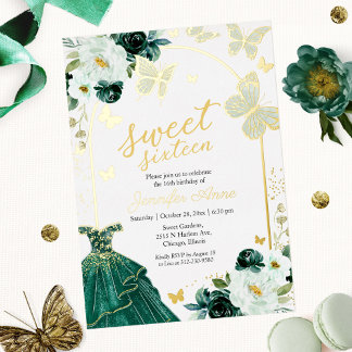 Butterfly 16 . Geburtstag Emerald Green Dress Gold Folieneinladung