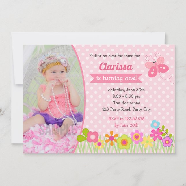 Butterfly 1. Geburtstag Einladung mit Foto (Vorderseite)
