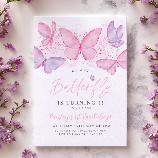 Butterfly 1. Geburtstag Einladung Pink Lila Girl (Our little butterfly is turning one! Pink and purple butterfly 1st birthday invitation. )