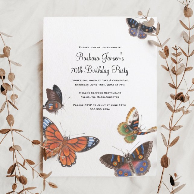 Butterfly 70. Geburtstagsparty Einladung (These elegant butterfly 70th birthday party invitations are perfect for a gardener)