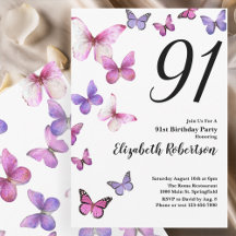 Butterfly 91st Birthday Invitation in Pink /Purple