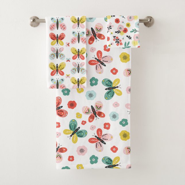 Butterfly And Floral Pattern  Badhandtuch Set (Insitu)