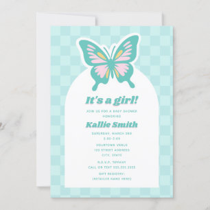 Butterfly Aquamarin Checkerboard Girl Baby Dusche Einladung
