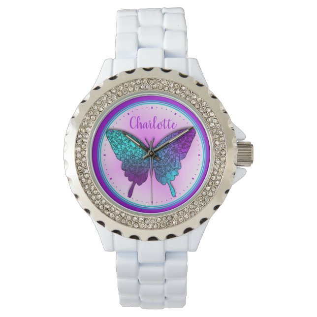 Butterfly Aquamarin Lila Ombre Niedlich Personalis Armbanduhr (Vorderseite)