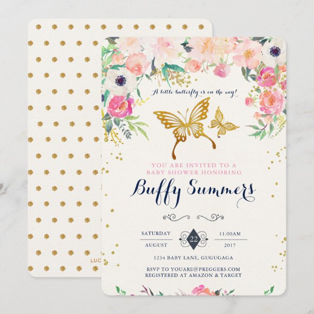 Butterfly Baby Dusche Einladung (Vorne/Hinten)