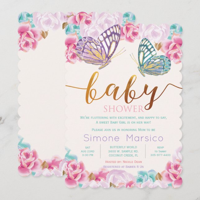 Butterfly Baby Dusche Einladung (Vorne/Hinten)