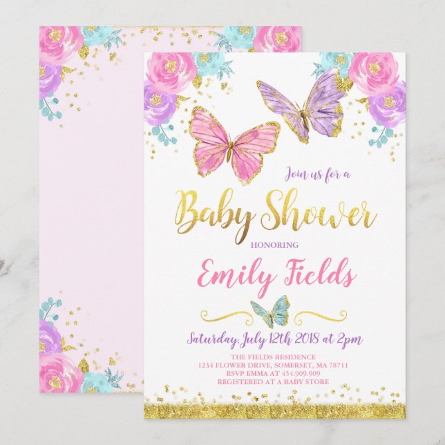 Butterfly Baby Dusche Einladung Girl Baby Dusche (Vorne/Hinten)