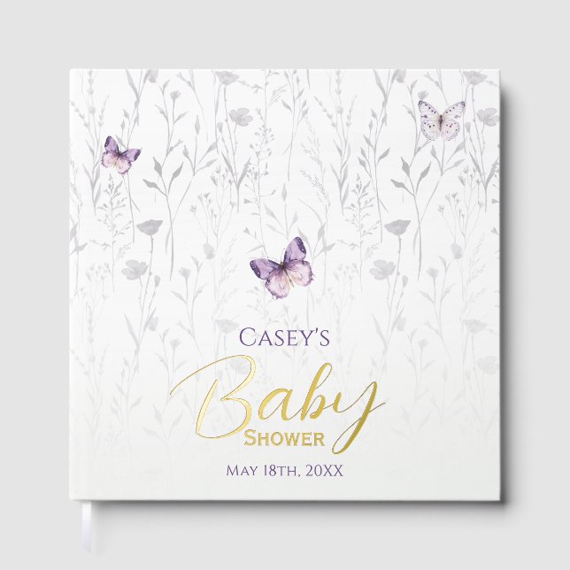 Butterfly Baby Dusche Lila Boho Floral Gästebuch (Vorderseite)
