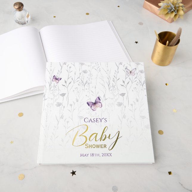 Butterfly Baby Dusche Lila Boho Floral Gästebuch (Vorderseite Offen)