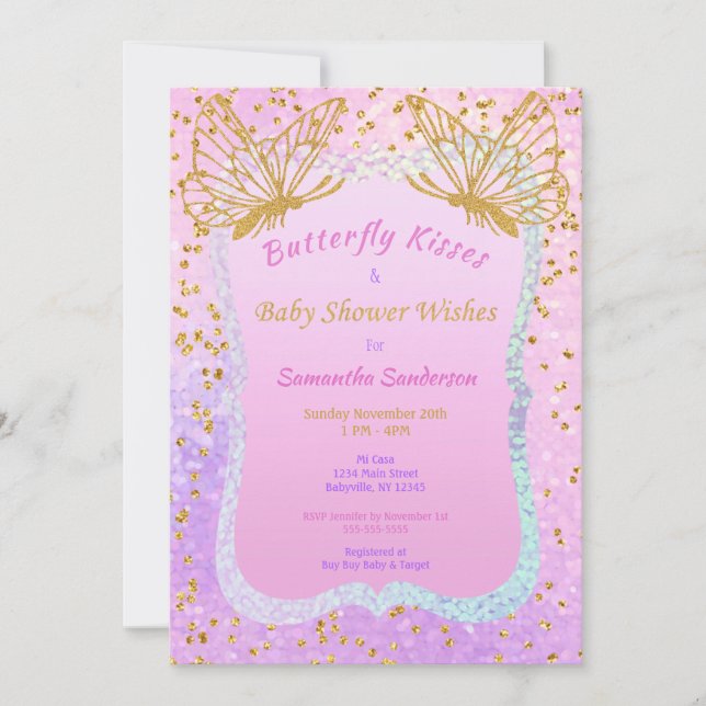 Butterfly Baby Dusche Rosa und Gold Confetti Einladung (Vorderseite)