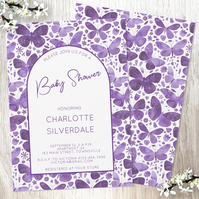 Butterfly Baby Dusche Wasserfarbe Lila Einladung (Purple watercolor butterfly pattern gender neutral baby shower invitation with custom text)