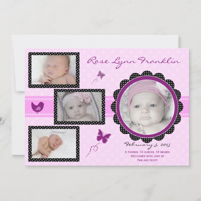 Butterfly Baby Girl Foto Geburtserklärung Ankündigung (Vorderseite)