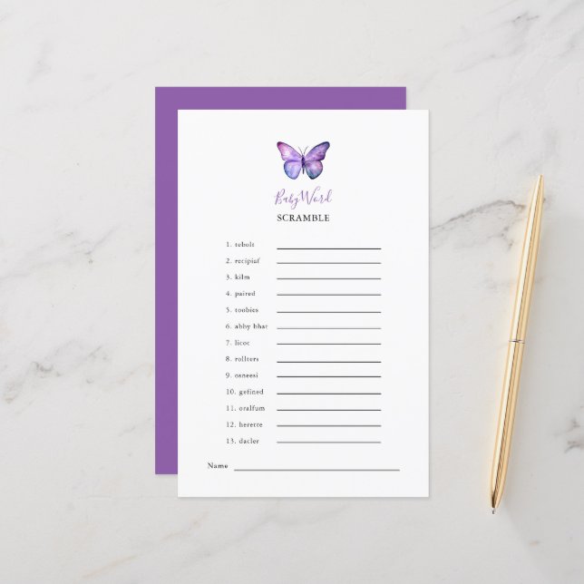 Butterfly Baby Shooter Word Scramble Game Party (Vorderseite/Rückseite Beispiel)