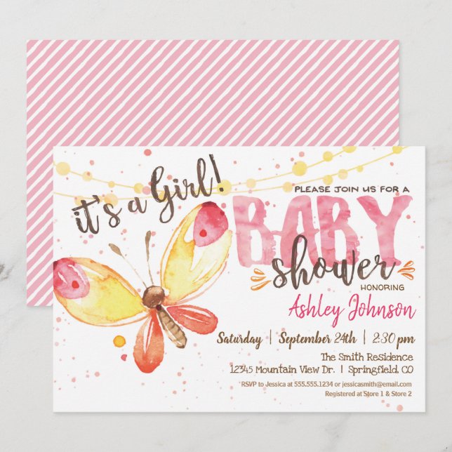 Butterfly Baby Shower Einladung, es ist ein Mädche Einladung (Vorne/Hinten)