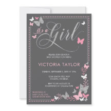 Butterfly Baby Shower Einladung, Rosa, Grau