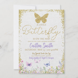 Butterfly Baby Shower Girl Lila Floral Baby Gold Feiertagskarte