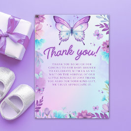 Butterfly Baby Shower Girl with Purple flowers Dankeskarte