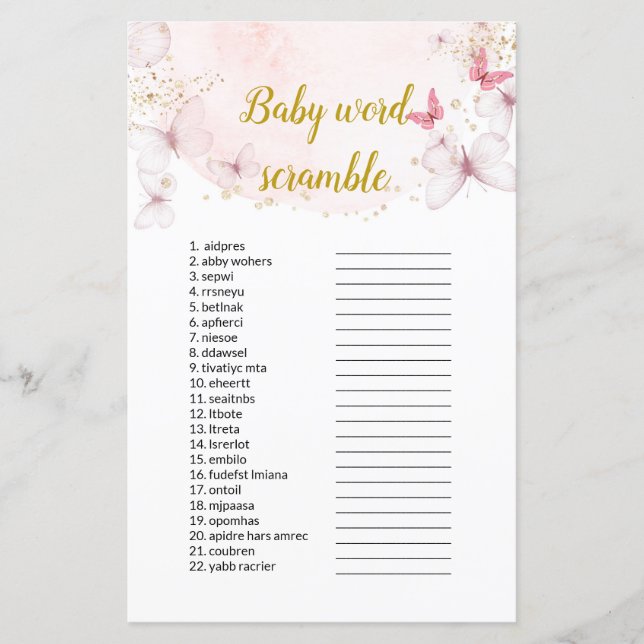 Butterfly Baby Word Scramble Baby Showspiele (Vorderseite)