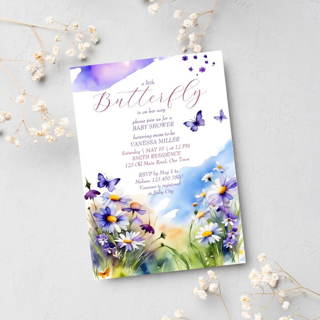 Butterfly-Babydusche Einladung (Butterfly baby shower template invitation digital download meadow daisies violets purple butterflies)