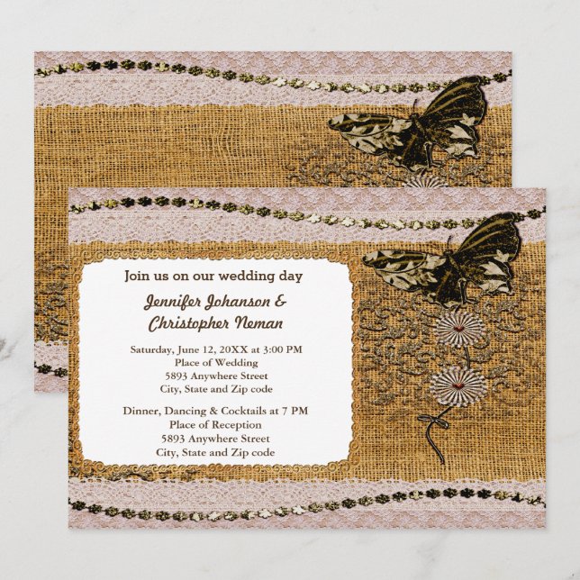 Butterfly, Beads Lace & Burlap Wedding Einladung (Vorne/Hinten)