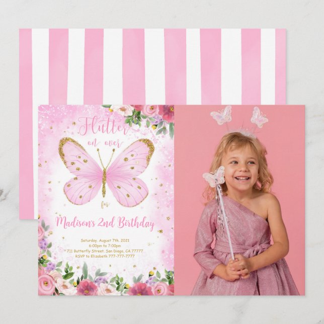 Butterfly Birthday Foto Einladung (Vorne/Hinten)