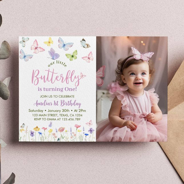 Butterfly Birthday Invitation Baby Girl Foto Dankeskarte (Von Creator hochgeladen)